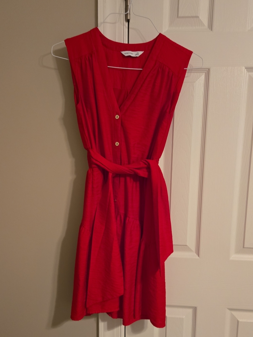 Nine West Bright Red Sleeveless V-Neck Dress with Tie Belt